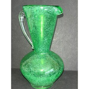 Green Handblown Glass Pitcher Clear Applied Handle 6.5" Tall Vintage Vase